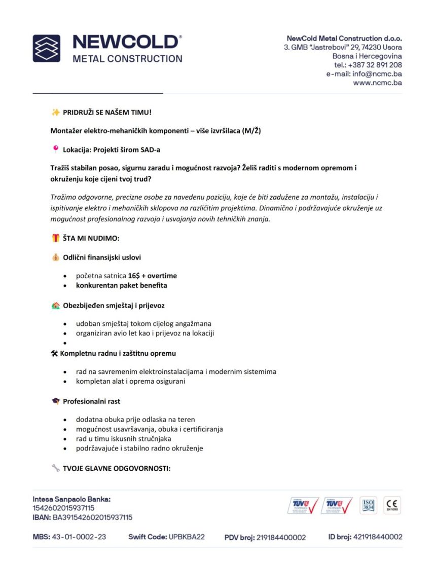 NEWCOLD MC: Potrebni montažeri