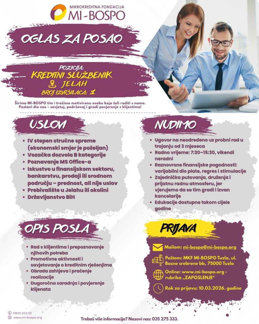 MKF MI-BOSPO: Potreban kreditni službenik u Jelahu