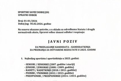 Sportski savez Doboj Jug objavio javni poziv za dodjelu sportskih priznanja za 2025. godinu